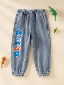 Blippi X SHEIN Young Boy Letter Print Pocket Pleated Leg Elastic Waist Denim Jeans - Medium Wash - View 2