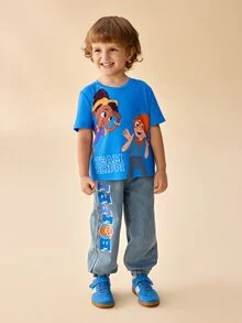 Blippi X SHEIN Young Boy Letter Print Pocket Pleated Leg Elastic Waist Denim Jeans - Medium Wash - View 7