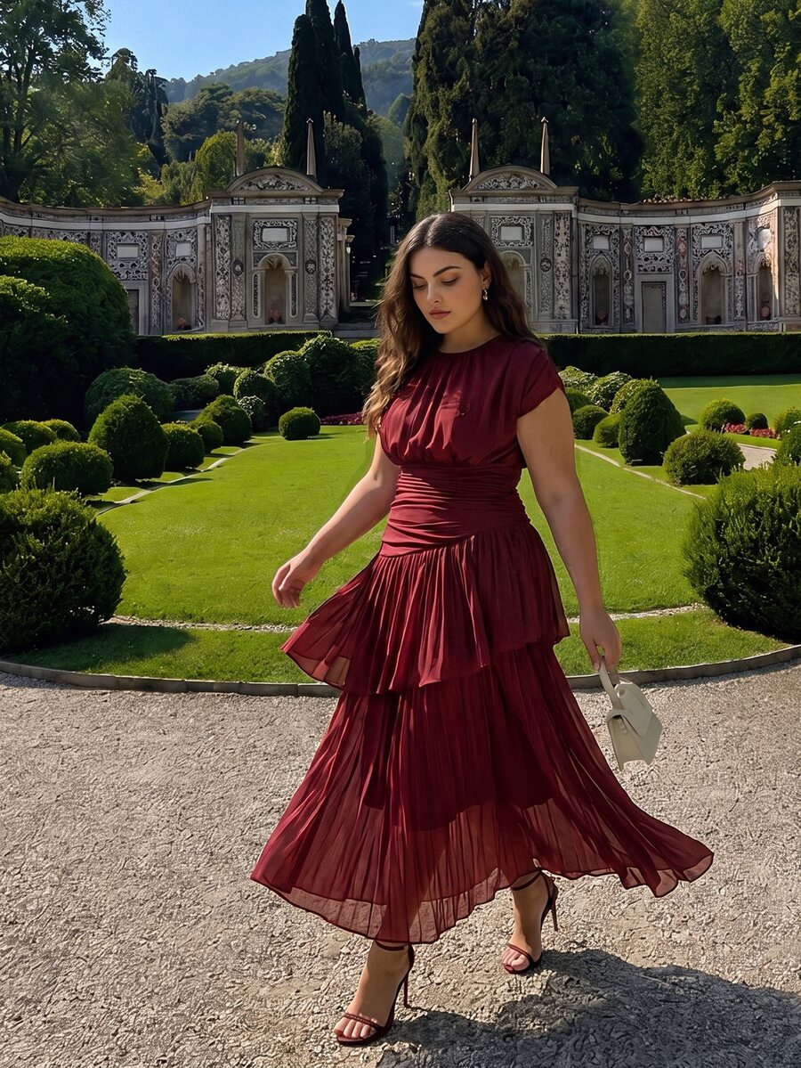 Anewsta Plus Size Women's Summer Elegant Cinched Waist Asymmetrical Ruffle Double Layer Full Skirt Dress For Vacation, Gathering, Party - Burgundy - View 1
