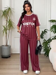 SHEIN EZwear 女款大尺碼酒紅色休閒條紋T恤與長褲套裝，適合運動、度假、派對、日常外出、聚會、戶外活動 - 酒紅色 - 查看 3