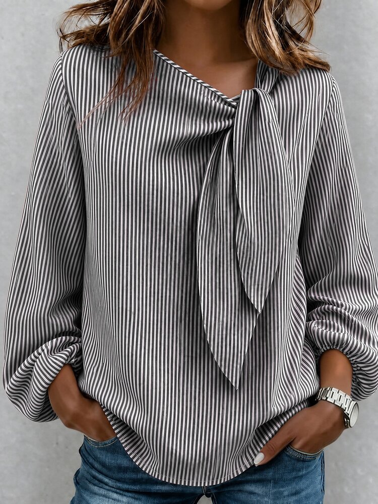 Linhara CURVE Plus Size Women Casual Daily Striped Pattern Round Neck Tie Decor Loose Long Sleeve Top Suitable For Commuting Daily Outings Holidays Parties Back To School Season Occasions Women Autumn Loose Blouse - Black and White - View 1
