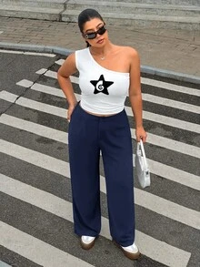 SHEIN EZwear 海軍藍大尺碼女款寬鬆百褶寬腿黑色裙褲，適合畢業季、返校節及秋冬教師穿搭 - 藏蓝色 - 查看 6