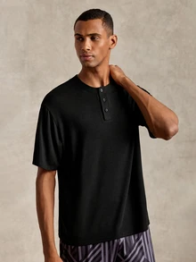 EverLounge Men's Casual Button Design Short Sleeve Loungewear Top - Black - View 6