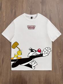LOONEY TUNES X SHEIN Daypath Kaos Pria Lucu untuk Kompetisi Lari dan Pertempuran, Warna Putih, Longgar, Model Bahu Jatuh - Putih - View 1