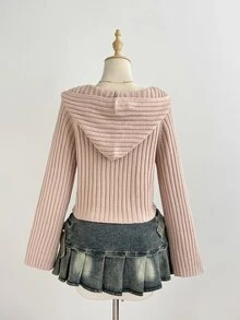 Elamini 簡約女款秋冬粉色連帽長袖麻花編織修身開襟針織衫 - 粉色 - 查看 2