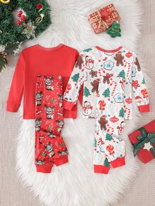 Cozy Pixies 4pcs Baby Girl Baby Girl Casual Christmas Red Reindeer Cute Christmas Pattern Print Crew Neck Pullover Long Sleeve Pajama Pants Knit Loungewear Set Tight 2 Pieces - Red - View 2