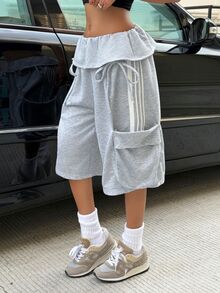 Muchica Women's Loose Ruffle Tie Bow Striped Pattern Pocket Shorts Punk Y2K Gray Casual Street Folding Waist Design Pocket Wide Leg Cropped Pants - Grey - View 1