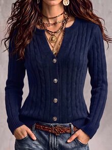 SHEIN Women's Solid Color Notched V-Neck Single-Breasted Long Sleeve Fashion Cardigan Top - Royal Blue - View 1