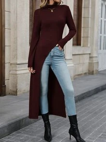 Editum 女款秋冬時尚百搭純色高領長短不一下擺T恤 - 酒紅色 - 查看 10