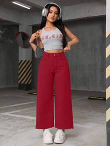 Jeanoix Plus Size Casual Versatile Frayed Hem Button Loose Fit Denim Jeans - Red - View 3