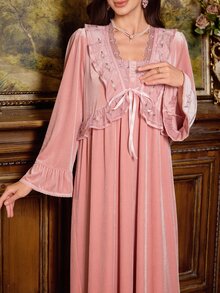 PalaceNights French Vintage Embroidered Lace Velvet Long Robe + Camisole Dress 2pcs Set For Women - Pink - View 3