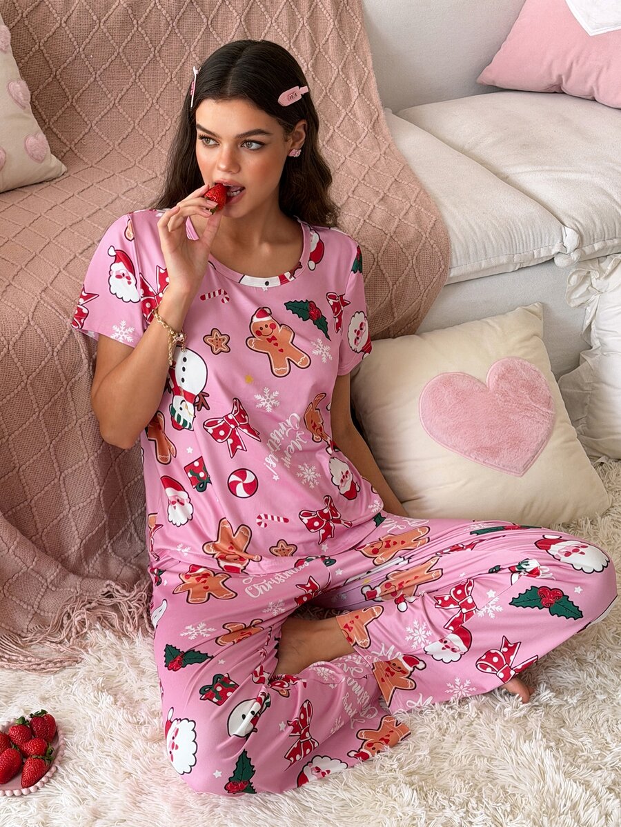 SweetSlumber Women's Cute Christmas Santa Claus Snowman Gingerbread Man Bow Print Round Neck Pajama Set - Pink - View 1