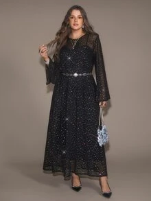 Freevana Plus Size Women's Party Mesh Rhinestone Long Sleeve Round Neck Dress Set - Black - View 7