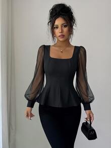 Elenzga Women's Solid Color Mesh Petal Sleeve Square Neck Ruffle Hem Elegant Blouse - Black - View 3