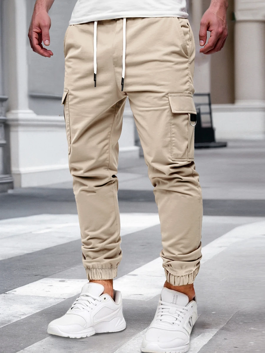 Manfinity CasualCool 男士成熟休閒黑色多口袋工裝束口慢跑長褲 - 杏色 - 查看 1
