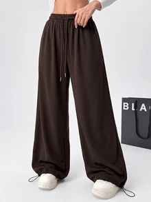 SHEIN EZwear Chocolate Brown Plus Size Spring/Summer Versatile Drawstring Sweatpants - Chocolate Brown - View 10