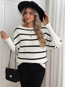 Sprig & Strand Women's Boat Neck Petal Sleeve Striped Two-Tone Sweater - Black and White - View 5