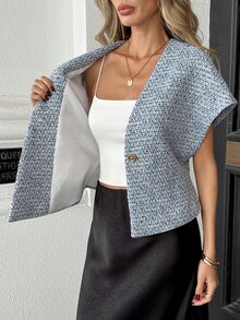Pariaura French Minimalist Broad Shoulder Structured Cut Metal Button Contrast Color Asymmetrical Hem Mixed Coarse Textured Fabric Professional Elegant Deep V Neck Vest Tank Top Women Blouse - Blue - View 7
