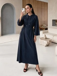 Rue Lumi Women's Solid Color Drop Shoulder Long Sleeve Casual Drawstring Hooded Sweatshirt Midi Dress - Blue - View 1