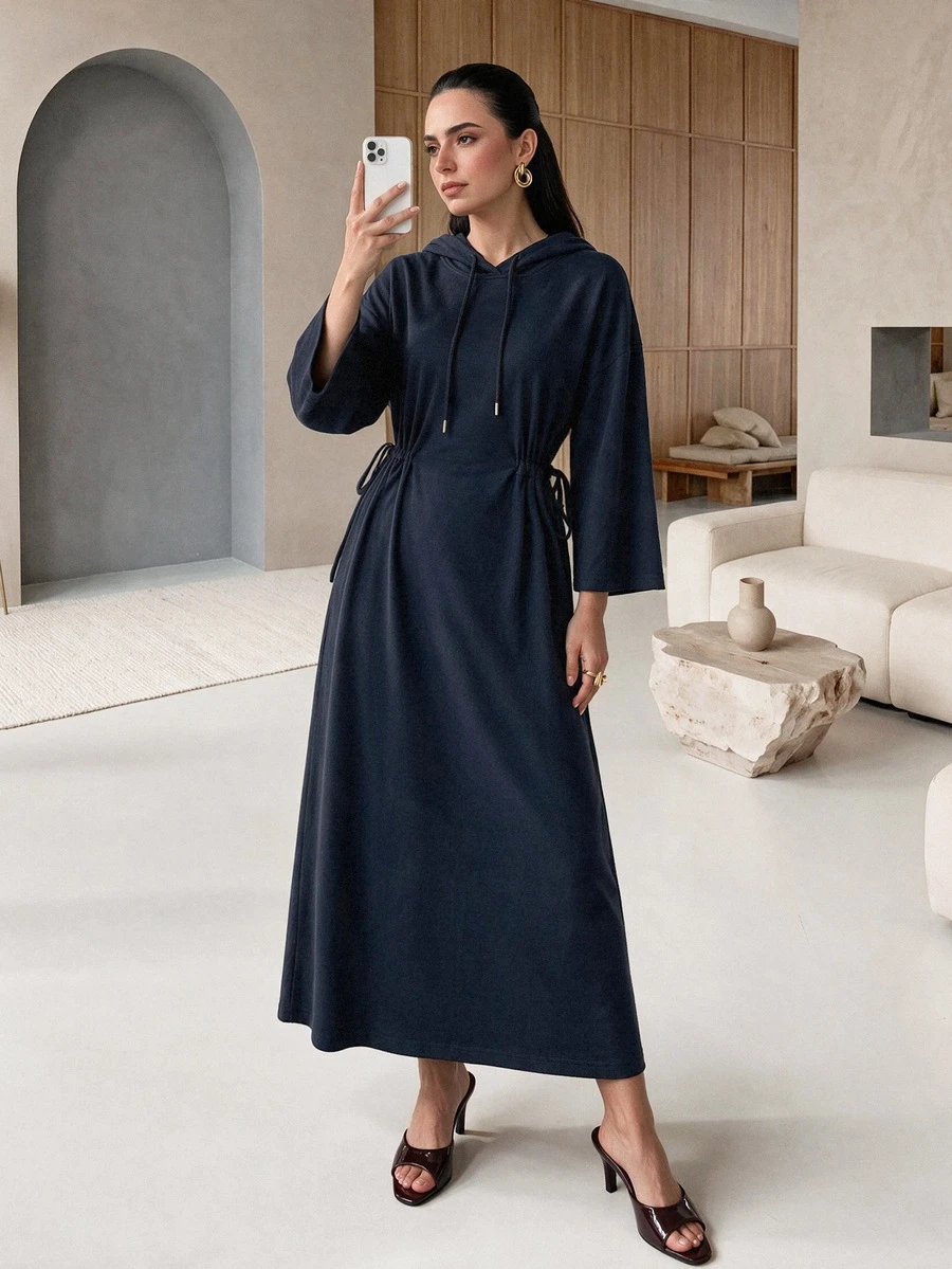 Rue Lumi Women's Solid Color Drop Shoulder Long Sleeve Casual Drawstring Hooded Sweatshirt Midi Dress - Blue - View 1
