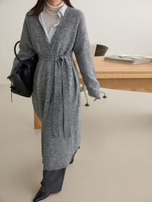 Dazy-Less Women's Solid Color Dropped Shoulder Long Sleeve Waist Tie Long Knit Cardigan - Dark Grey - View 5