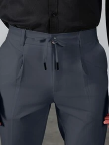 Manfinity Bizformal Men's Solid Color Drawstring Pocket Slim Fit Business Casual Suit Pants - Dusty Blue - View 2