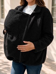 SHEIN Maternity 3-In-1 Casual Long Sleeve Stand Collar Side Zipper Removable Design Loose Black Fleece Jacket - Black - View 6