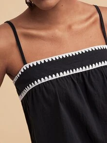 Travachic 女款休閒度假貝殼刺繡撞色細肩帶背心 - 黑色 - 查看 7