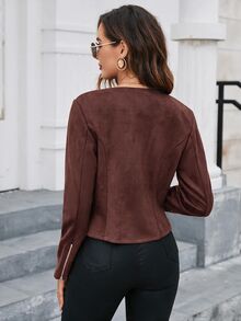 Editum Solid Color Zipper Front Jacket In Fall/Winter - Rust Brown - View 2