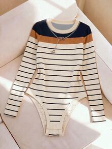 Resyla Women's Autumn/Winter New Hot-Selling Color Block Striped Pattern Slim Fit Versatile Bodysuit - Multicolor - View 3