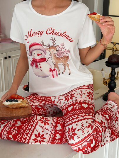 SweetSlumber Women's Christmas Snowman & Deer Fair Isle Pattern Knit Short Sleeve Long Pants Pajama Set
