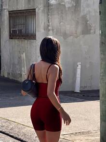valorelle valorelle 女款拼接運動背心與短褲套裝 / 對比色滾邊 / 時尚性感 / 舒適 / 百搭 / 健身運動 - 酒紅色 - 查看 2