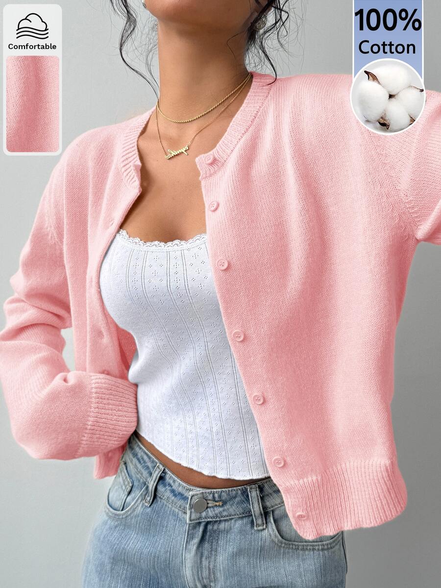 SHEIN BASICS เสื้อคาร์ดิแกนสีพื้นติดกระดุมด้านหน้า - สีเบบี้ชมพู - ดู 1