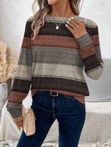 EMERY ROSE Women's Colorblock Horizontal Striped Crew Neck Casual Everyday Versatile Long Sleeve T-Shirt - Multicolor - View 4