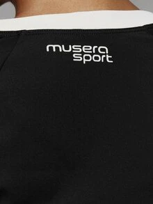 Musera Sport 挖肩前領對比色條紋修身短版運動上衣，健身房運動可愛皮拉提斯健身日常款，秋冬適用 - 黑色 - 查看 6