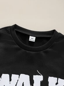 SHEIN 2件組青少年男孩街頭風黑色字母星星印花圓領長袖衛衣運動褲套裝 秋季穿搭 - 黑色 - 查看 8