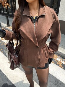 Vionelle Plus Size Women Casual Commute Elegant Suede Dark Brown Long Sleeve Autumn Jacket - Brown - View 4