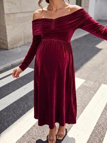 Momance Elegant Velvet Maternity Party Dress - Burgundy - View 7