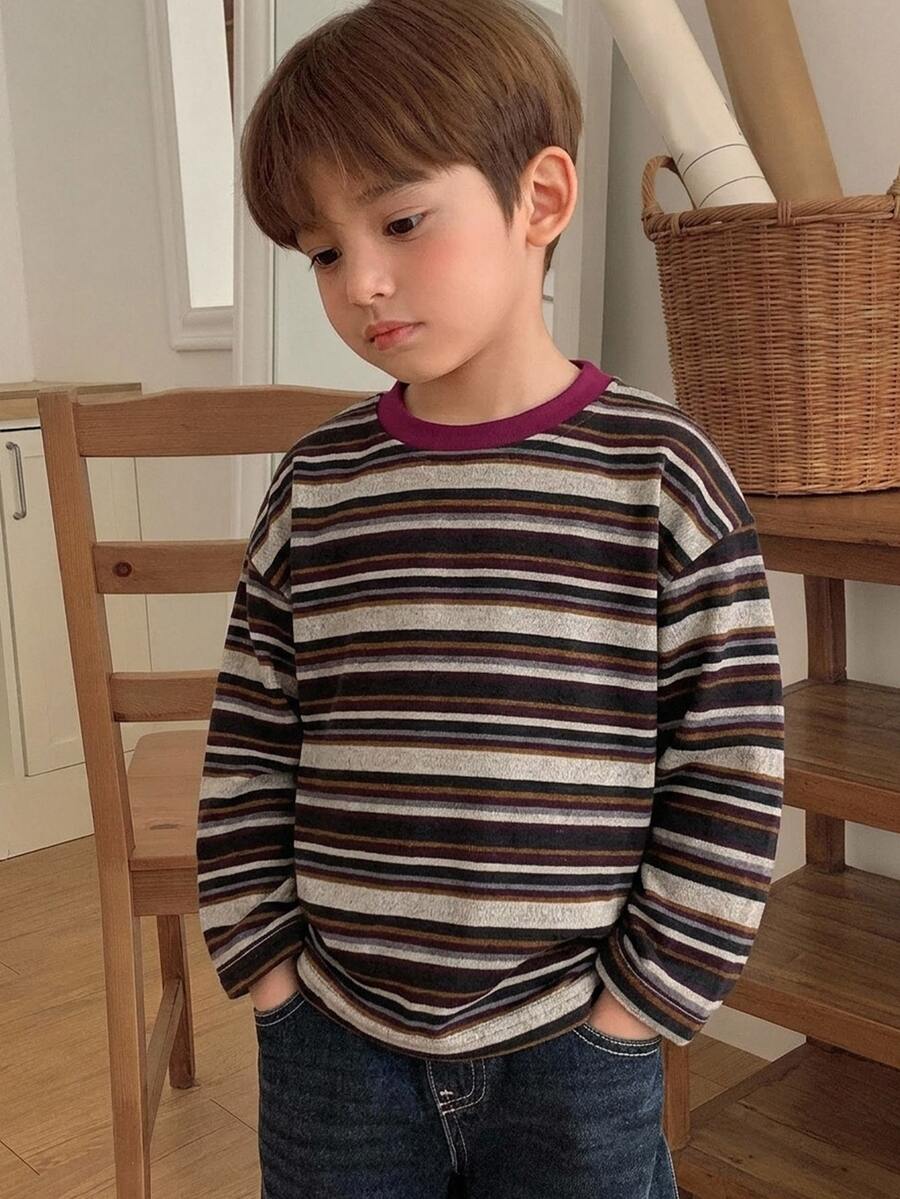 Dazy Kids 小男孩圓領長袖拼色條紋T恤 - 彩色 - 查看 1