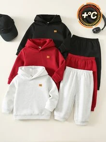 SHEIN 男嬰秋冬保暖內裡加厚6件套運動衫與運動長褲，黑色、紅色、灰色，適合節日穿著 - 彩色 - 查看 1