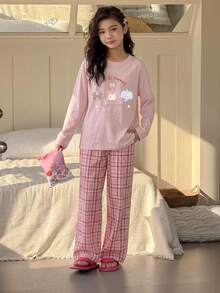 DAZY Tween Girls 2 Pieces Pajama Set, Cartoon Print Top And Plaid Pants, Casual Fashion Creative Personalized Fresh Cute - Baby Pink - View 4