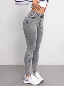 SHEIN Tall CURVE 大尺碼女款高腰修身煙灰色牛仔褲，適合約會、度假、派對、日常穿著、聚會、戶外活動 - 淺色水洗藍 - 查看 4