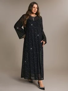 Freevana Plus Size Women's Party Mesh Rhinestone Long Sleeve Round Neck Dress Set - Black - View 4