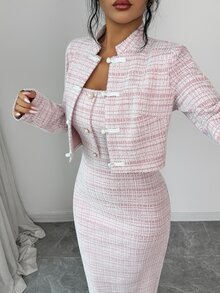 Elenzga Women's Plaid 3D Button Decor Spaghetti Strap Maxi Dress With Frog Button Long Sleeve Cardigan Elegant 2 Pieces Set - Pink - View 7