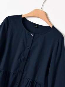 Rusticease Blus Wanita Warna Polos Leher Bulat Lengan Panjang Kancing Tunggal dengan Hem Berkerut untuk Kantor Warna Biru Tua Musim Gugur Elegan Kasual - Navy Blue - View 4