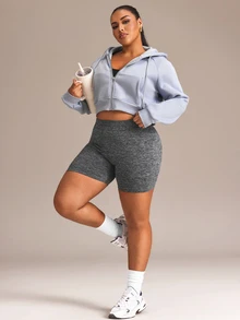 SHEIN Rhythm Era Women's Plus Size Solid Color High Waist Daily Fitness Sports Shorts - Dark Grey - View 1