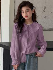 DAZY 青少年女孩秋季服飾蕾絲娃娃臉泡泡袖長袖甜美襯衫 - 紫色 - 查看 5