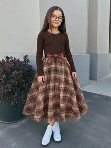 SHEIN Pitira Tween Girl Casual Knitted Solid Color & Floral Patchwork Round Neck Long Sleeve Dress - Brown - View 6
