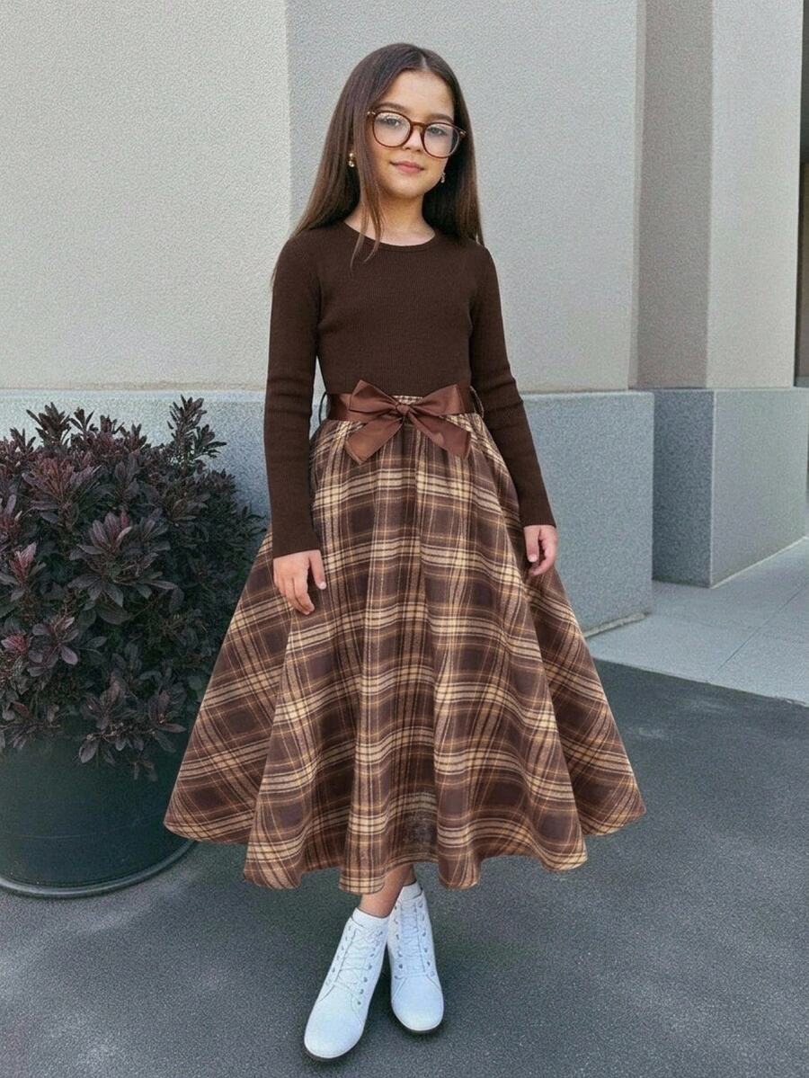 SHEIN Pitira Tween Girl Casual Knitted Solid Color & Floral Patchwork Round Neck Long Sleeve Dress - Brown - View 1