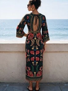 CAJUNI Women's Floral Print V-Neck Casual Tropical Boho Versatile Daily Wearlong Dress Holiday Beach Black Floral Fall - Multicolor - View 2